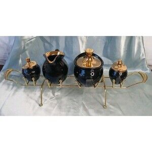 Art Deco 1950's Ceramic Black/gold Table Centerpiece Set On Gold Metal Stand
